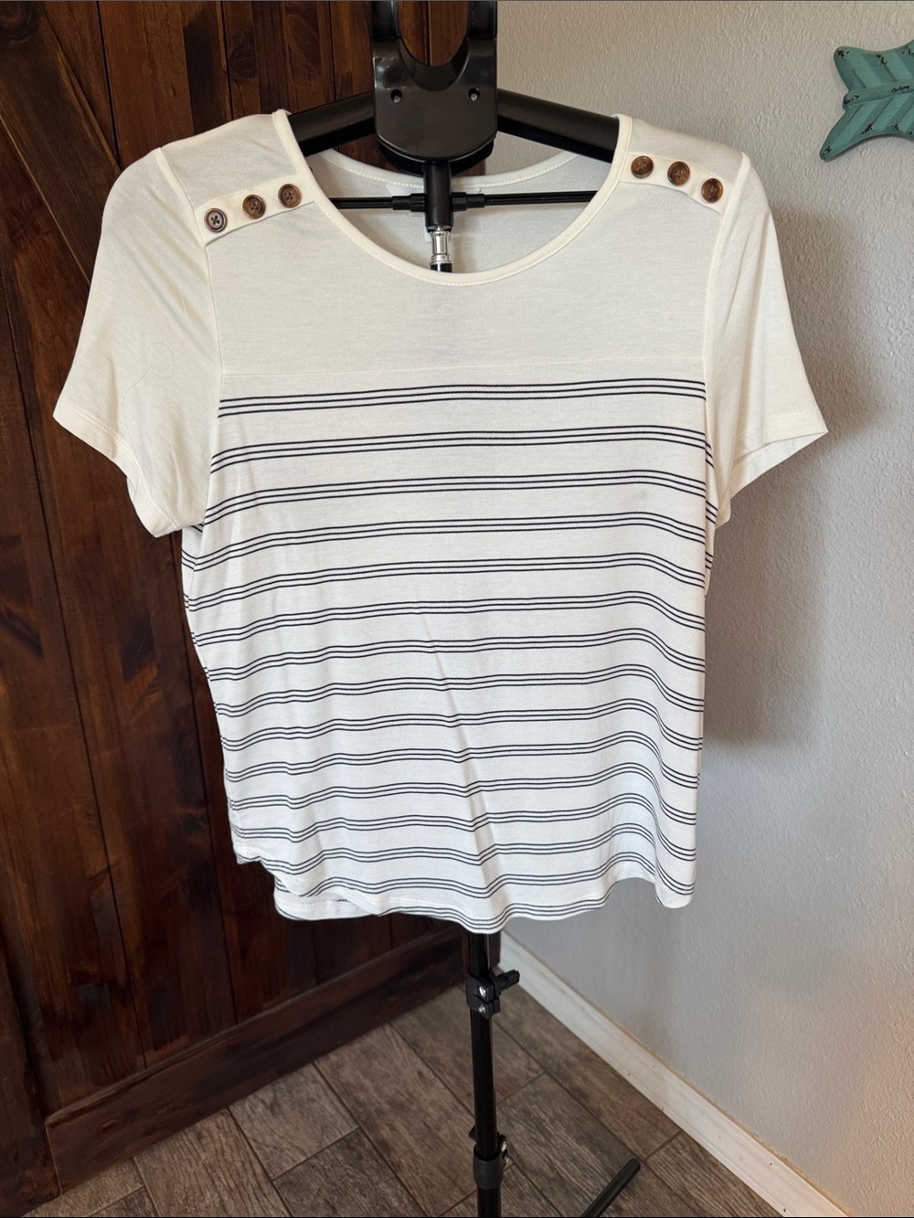 Market & Spruce White Short Sleeve Stripe Top with Shoulder Buttons
